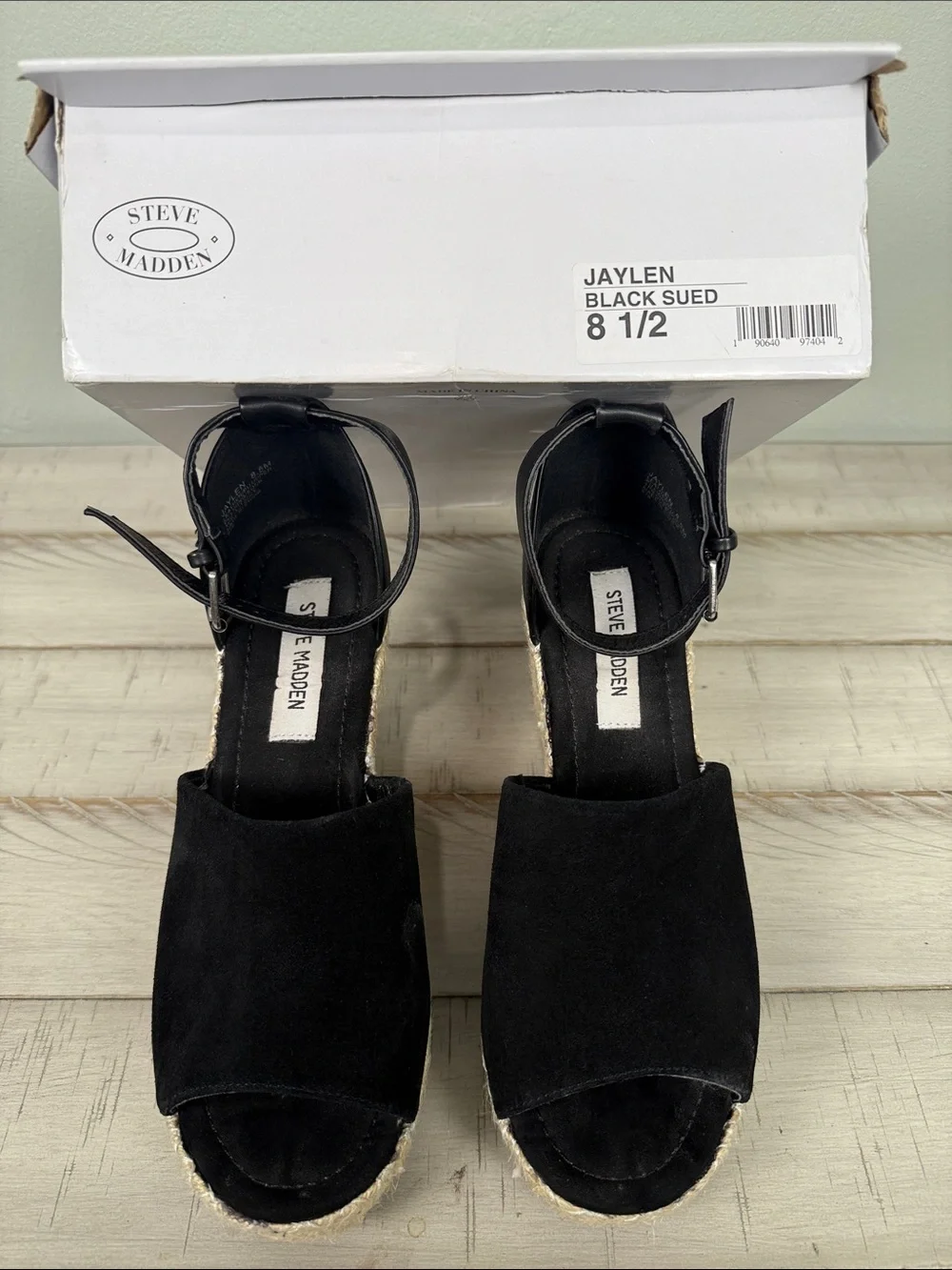 Steve Madden Gorgeous Black Espadrille Wedge Sandals with Ankle Straps Size 8.5